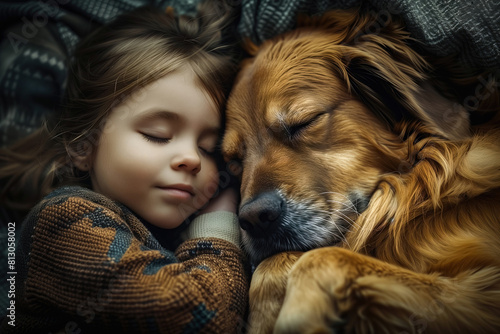 A cute little girl sleeping in bed with her beloved dog.