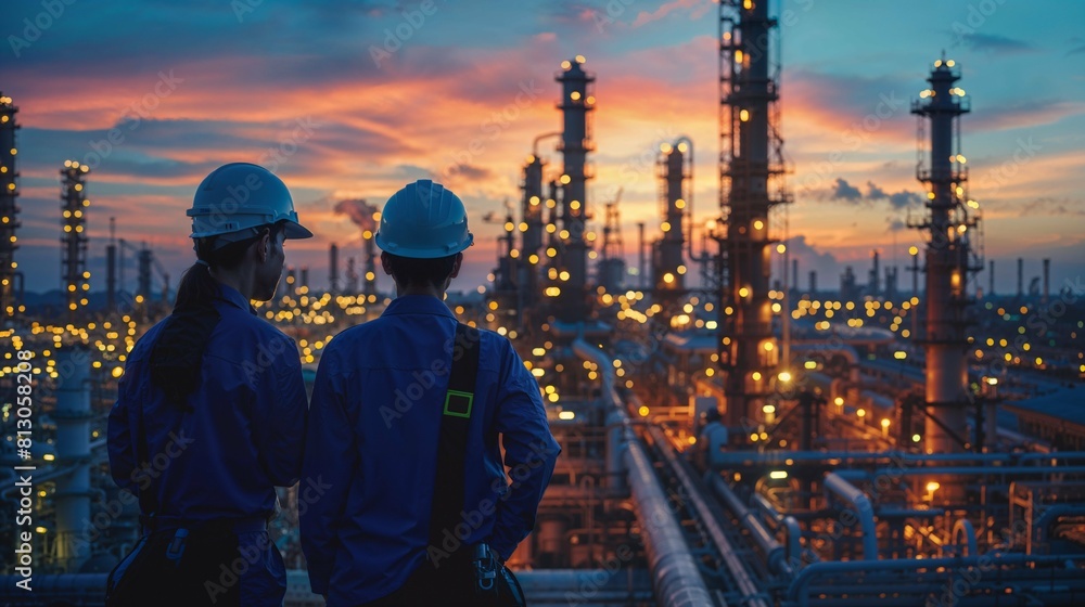 Two engineers engaged in discussion against the backdrop of an oil refinery, power plant, and the setting sun Two engineers engaged in discussion against the backdrop of an oil refinery, power plant, and the setting sun