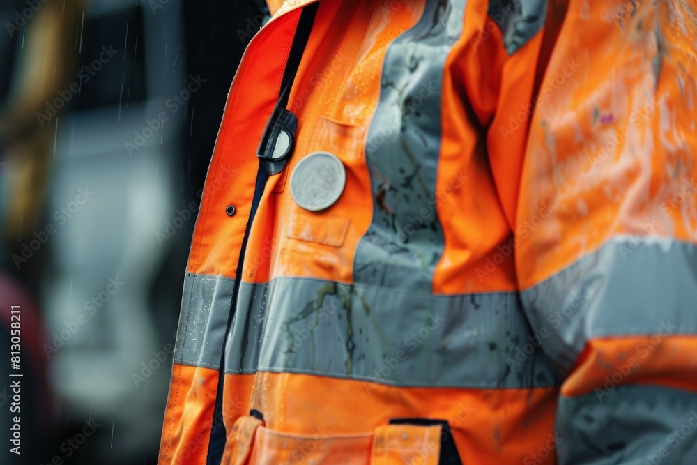 Detailed image of a worker's highvisibility raincoat with raindrops