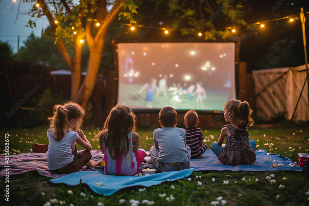 Children in an outdoors movie night watching a movie Children in an outdoors movie night watching a movie