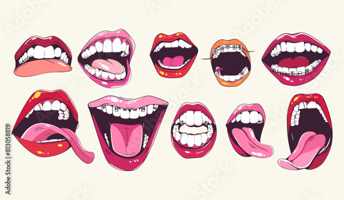 Hand drawn trendy style contemporary vector isolated illustration of various emotions mouths, trendy design elements, y2k design elements, teeth, tongue, piercing, braces. Smile, facial expressions.