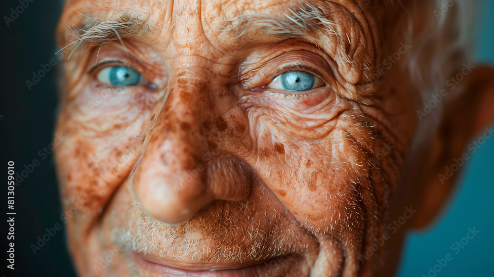 Retrato cercano de anciano con ojos azules y expresión sabia Retrato cercano de anciano con ojos azules y expresión sabia