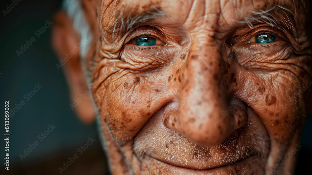 Retrato cercano de anciano con ojos azules y expresión sabia Retrato cercano de anciano con ojos azules y expresión sabia
