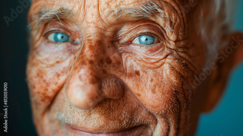 Retrato cercano de anciano con ojos azules y expresión sabia