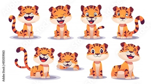 Adorable collection of cartoon tiger cubs - a variety of poses and expressions, perfect for children's books, educational materials and decorations