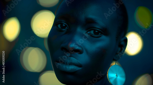 Retrato en clave baja de mujer joven africana con luces bokeh
