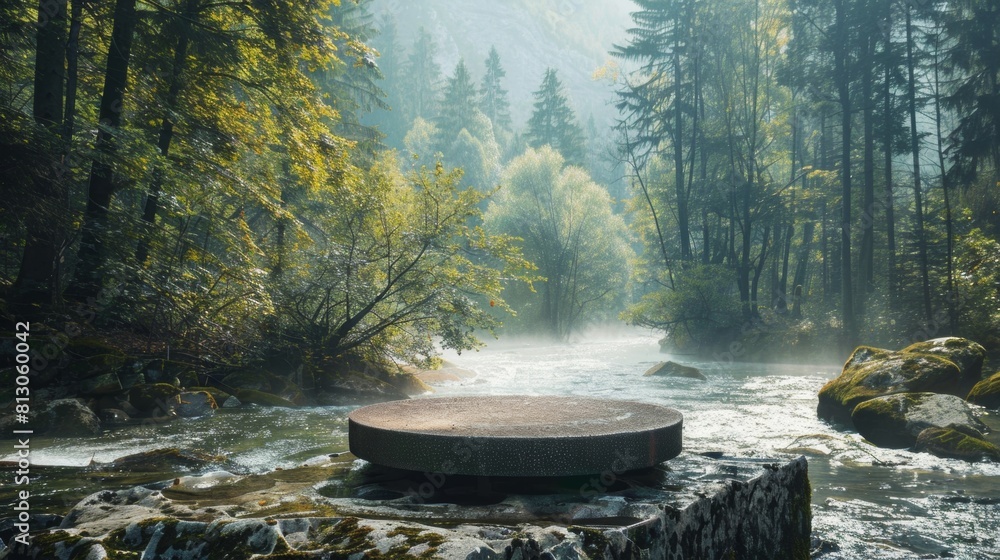 Mystical River Setting with Circular Platform Amidst Forest Mystical River Setting with Circular Platform Amidst Forest