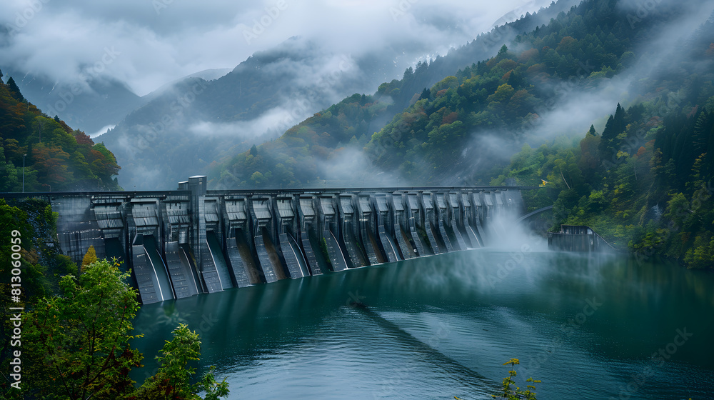 A hydroelectric dam, with forested mountains as the background, during an overcast morning A hydroelectric dam, with forested mountains as the background, during an overcast morning