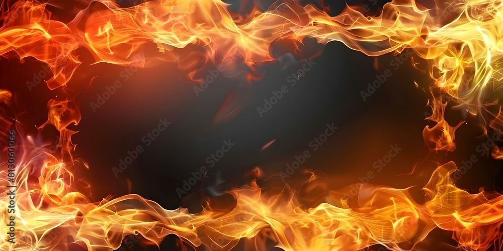 Fototapeta premium Fiery Flames in a Rectangular Frame Against a Black Background. Concept Abstract Art, Fire Element, Minimalistic Design, Rectangular Composition, Black Background