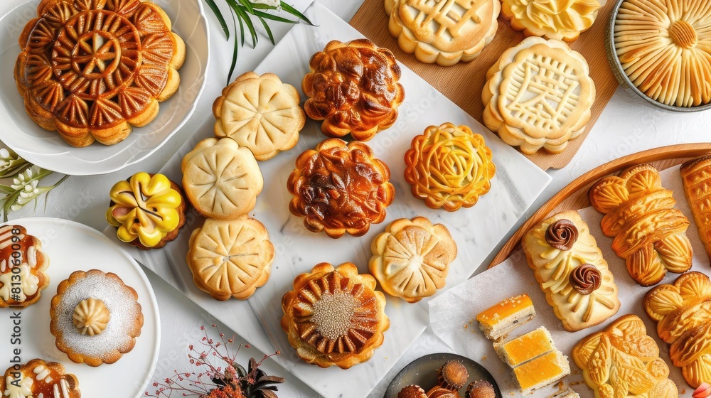 Chinese Pastries Mooncakes, pineapple buns, and other bakery items