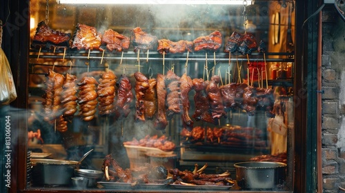 Chinese BBQ Char siu and roasted meats hanging in a window