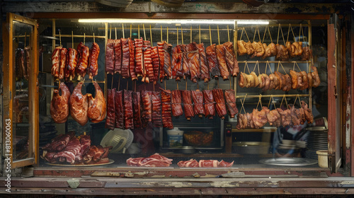 Chinese BBQ Char siu and roasted meats hanging in a window photo