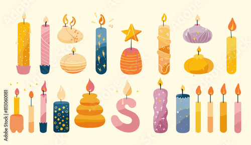 Hand drawn vector illustration,Trendy colorful beeswax candle collection, various wax shapes and sizes, matches, candlelight, stars. Artisan, decorative, home decor, ambiance, natural.