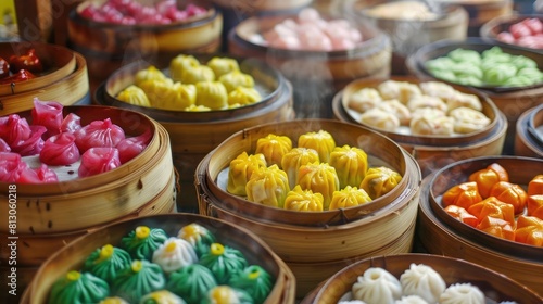 Dim Sum Assortment A colorful display of various dim sum in bamboo steamers photo