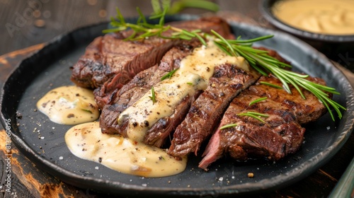 Meat in a plate with sauce bearnaise.
