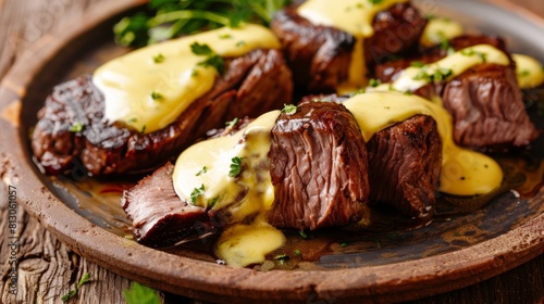 Meat in a plate with sauce bearnaise. photo