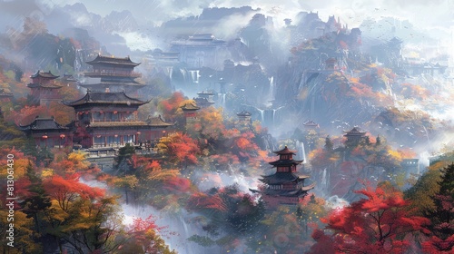 Painting about the Chinese kingdom in the waterfall valley