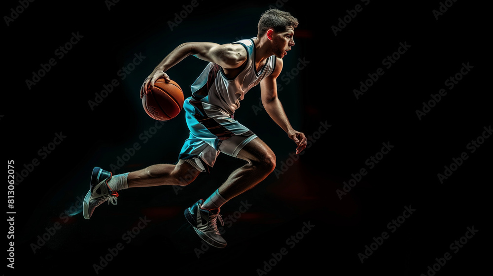 Professional Basketball Player Dribbling on Black Background