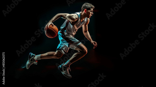 Professional Basketball Player Dribbling on Black Background
