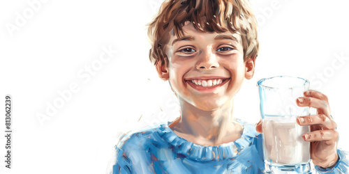 The boy is smiling and holding a glass of milk in one hand. White background. The concept for the International Milk Day. photo