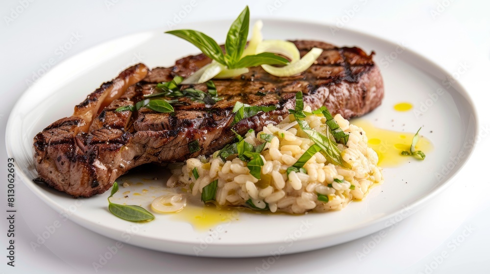 Grilled Denver steak with leek risotto and drizzled olive oil.