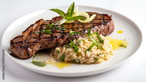 Grilled Denver steak with leek risotto and drizzled olive oil.