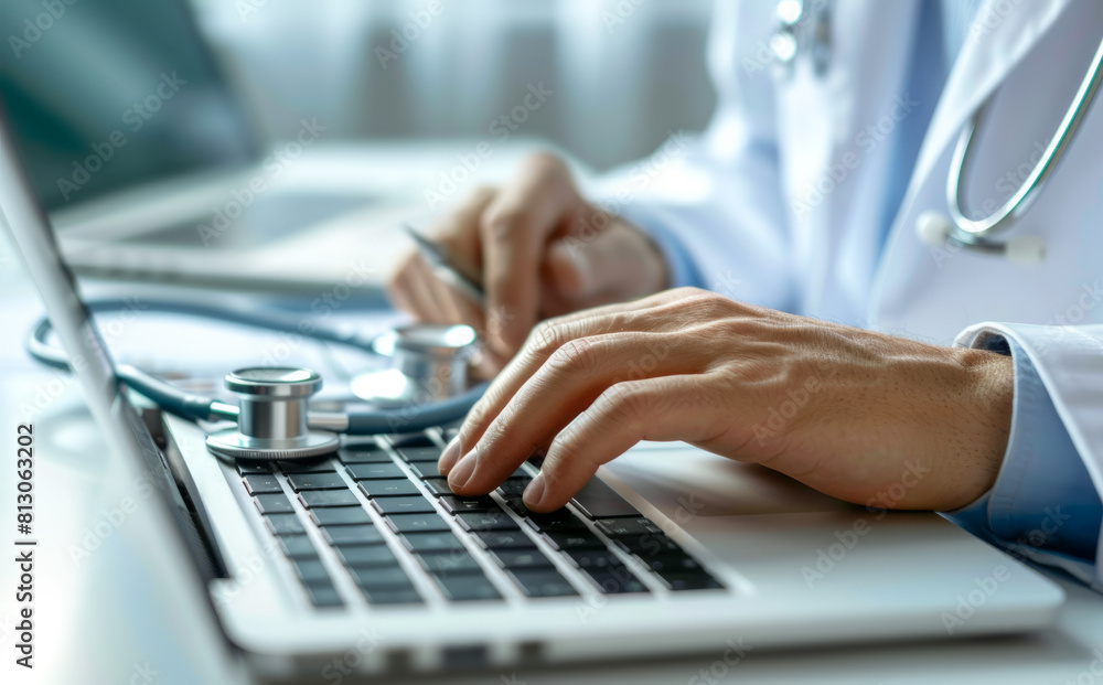 Doctor typing on a laptop with stethoscope Doctor typing on a laptop with stethoscope