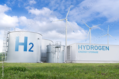 Green hydrogen factory and energy storage concept. Hydrogen production from renewable energy sources. © scharfsinn86