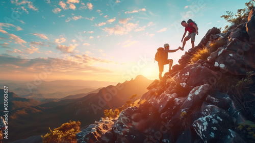 Group of Hikers Reaching the Top of a Mountain at Sunset