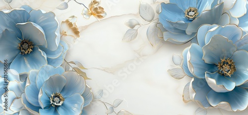 generates an image, white background, sky blue flowers with gold edges