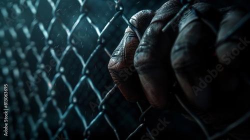 gripping a mma cage, black background, rim light, retro and dark render style, 70' photo