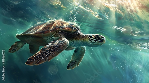 A curious sea turtle gliding gracefully through crystal clear waters, surrounded by shafts of sunlight. © Ansar