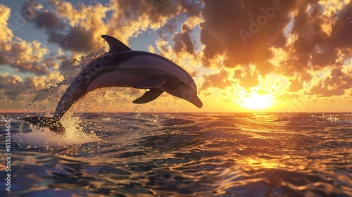 A graceful dolphin leaping out of the ocean waters against a backdrop of a vibrant sunset sky. © Ansar