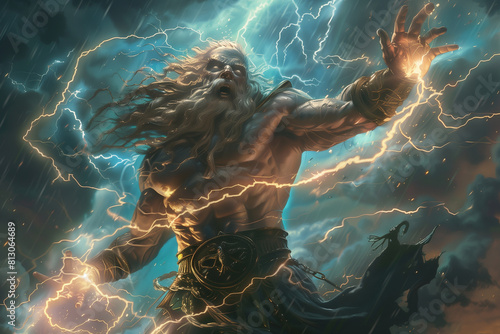 In this more grounded depiction, Zeus embodies the essence of thunder and lightning, illustrating the profound respect ancient cultures held for the elements