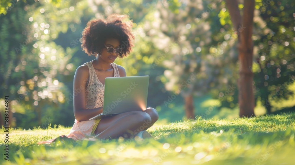 Woman Working on Laptop Outdoors Woman Working on Laptop Outdoors