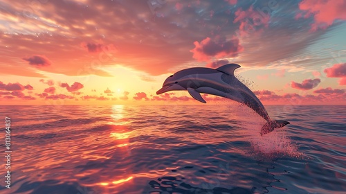 A graceful dolphin leaping out of the ocean waters against a backdrop of a vibrant sunset sky.