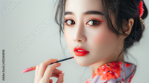 Mesmerizing chinese woman with wide eyes in traditional white li attire, delicately applying makeup with elegance and precision