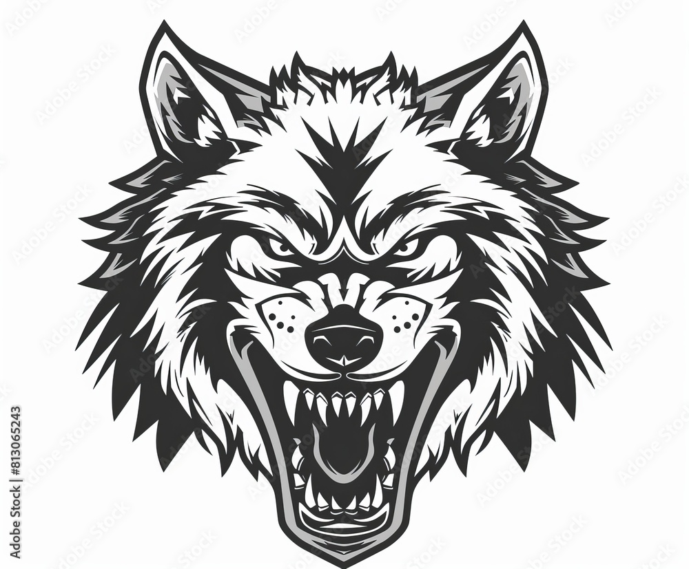 A black and white vector logo of the head of an angry wolf with its mouth open showing its teeth A black and white vector logo of the head of an angry wolf with its mouth open showing its teeth
