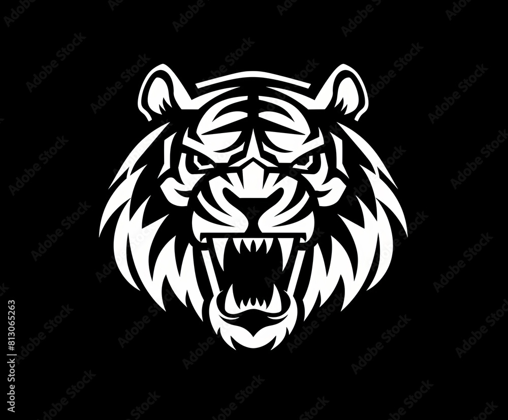 A black and white vector logo of the head of an angry tiger with its mouth open showing its teeth, A black and white vector logo of the head of an angry tiger with its mouth open showing its teeth,