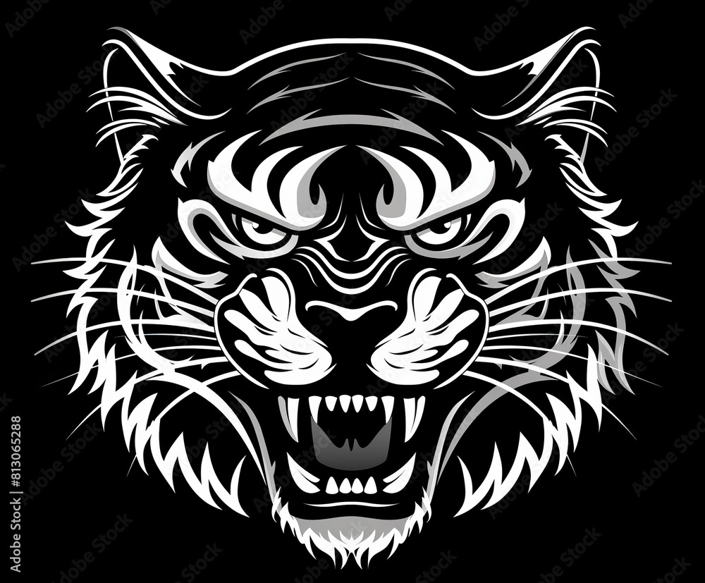 A black and white vector logo of the head of an angry tiger with its mouth open showing its teeth A black and white vector logo of the head of an angry tiger with its mouth open showing its teeth