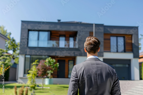 Wallpaper Mural Man standing in front of modern luxury house, considering new home purchase, Real estate business, Copy space Torontodigital.ca