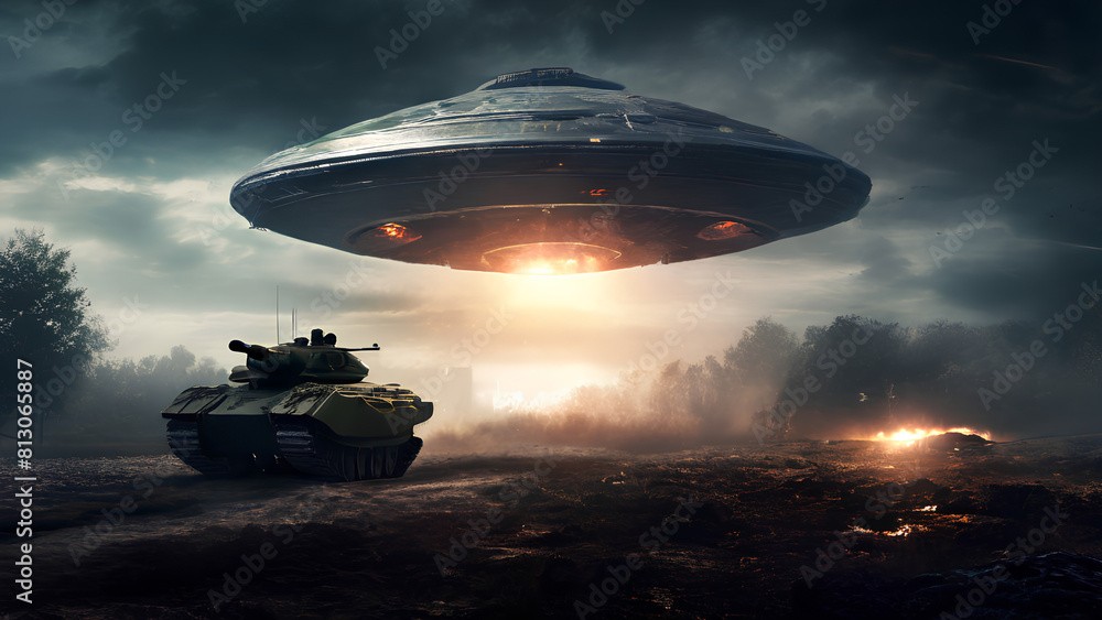 Battlefield Encounter: Tank Stands Under UFO in War Zone Battlefield Encounter: Tank Stands Under UFO in War Zone