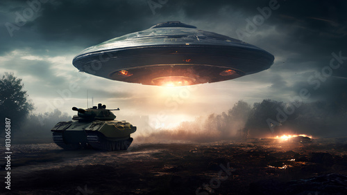 Battlefield Encounter: Tank Stands Under UFO in War Zone