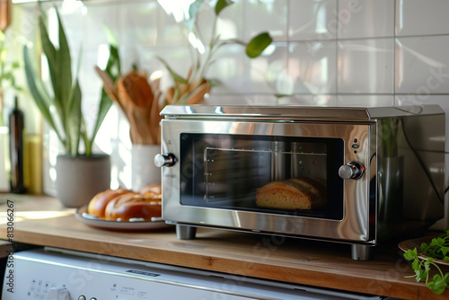 A stainless steel toaster oven with a compact footprint, suitable for any kitchen.