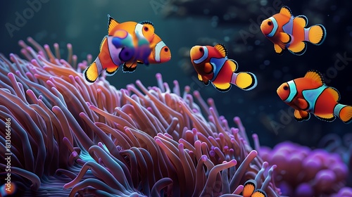 A group of colorful clownfish darting in and out of anemone tentacles for protection. © Ansar