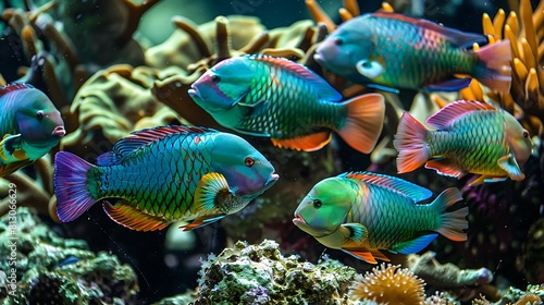 A group of colorful parrotfish grazing on algae-covered rocks in a vibrant coral reef ecosystem. © Ansar