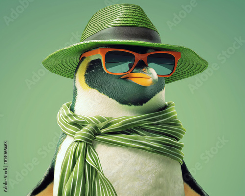 Stylish penguin with green hat and scarf on green background