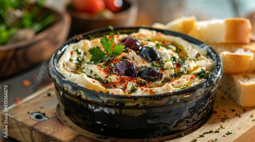 kalamata olive dip with bocconcini cheese garnish photo