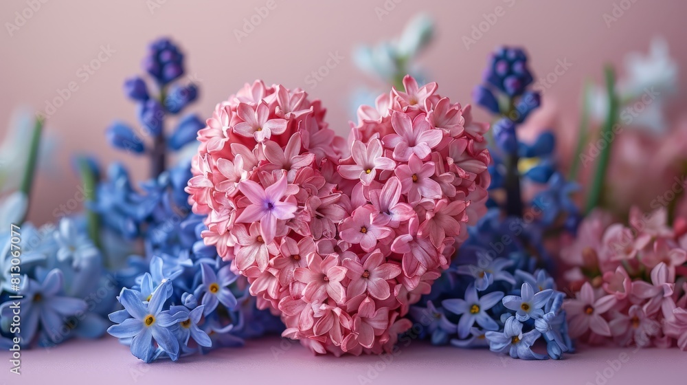 Obraz premium A voluminous heart with hyacinth flowers on a pink background, a banner for celebration