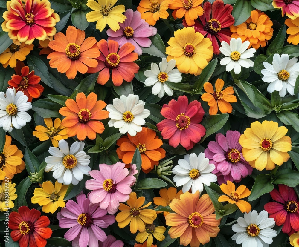 Beautiful colorful zinnia and dahlia flowers in full bloom, close up. Natural summery texture for background Beautiful colorful zinnia and dahlia flowers in full bloom, close up. Natural summery texture for background